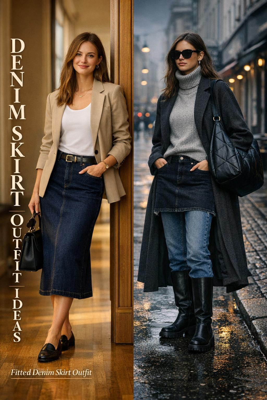 Denim skirt outfit ideas diptych showing classic American blazer look and Scandi street skirt-over-jeans styling