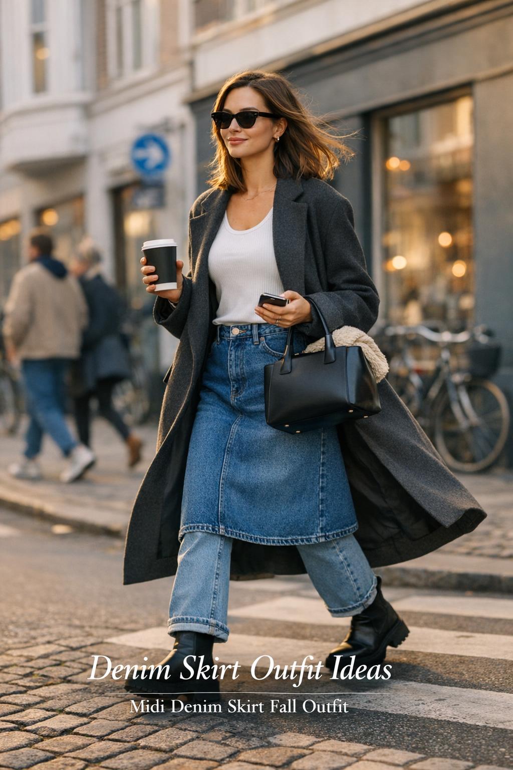 Candid Copenhagen street style featuring denim skirt outfit ideas with a woman wearing a midi denim skirt over jeans
