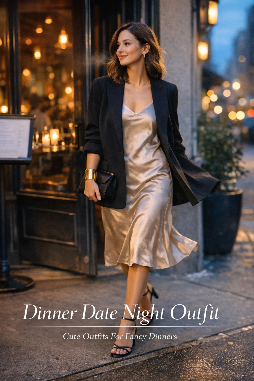 Stylish woman in satin slip dress and black blazer outside a city restaurant at blue hour, dinner date night outfit