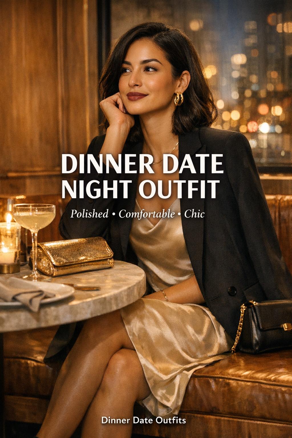 Dinner date night outfit: woman in satin slip dress and black blazer at an upscale restaurant with warm candlelight bokeh