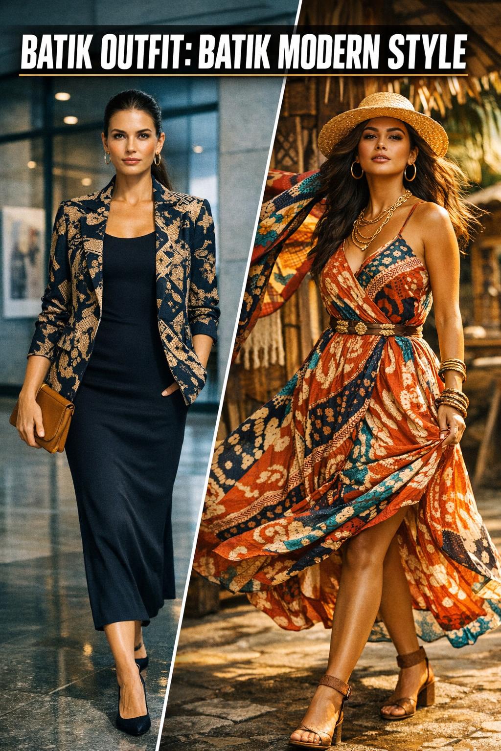 Elegant batik outfit worn in a natural light portrait, showcasing traditional pattern and modern style