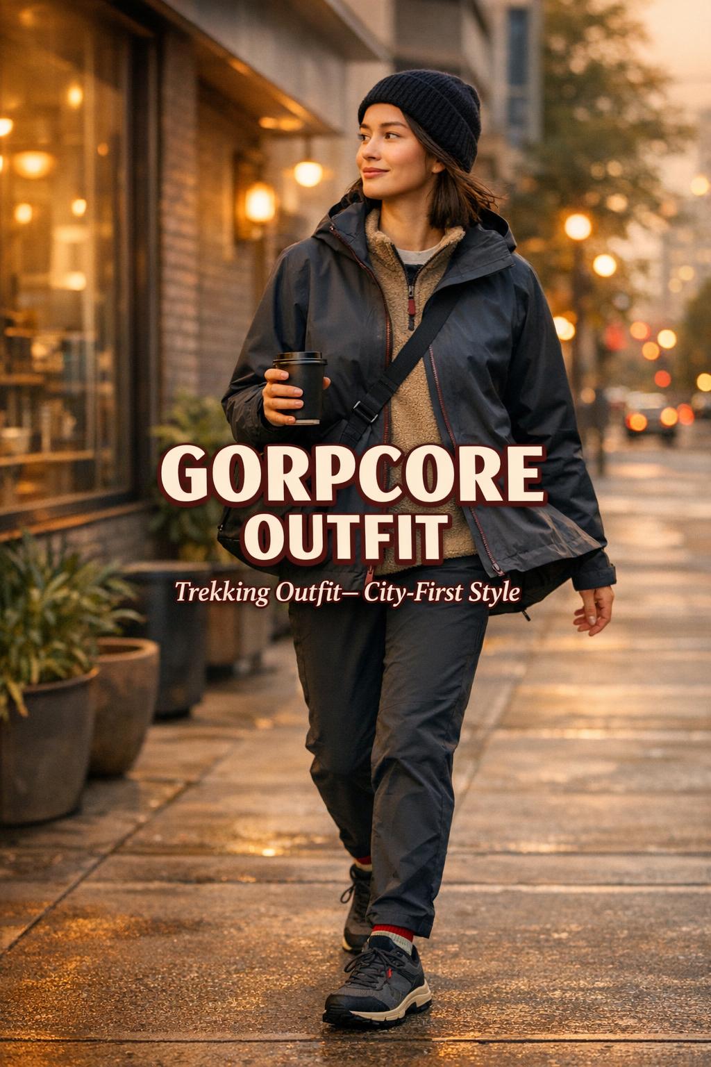 Gorpcore outfit on an urban commuter in a navy shell and fleece, walking past a cozy café at golden hour