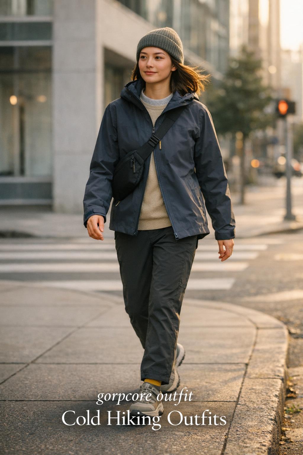 Gorpcore outfit on a stylish commuter in a navy shell jacket walking downtown at golden hour, city-to-trail vibe