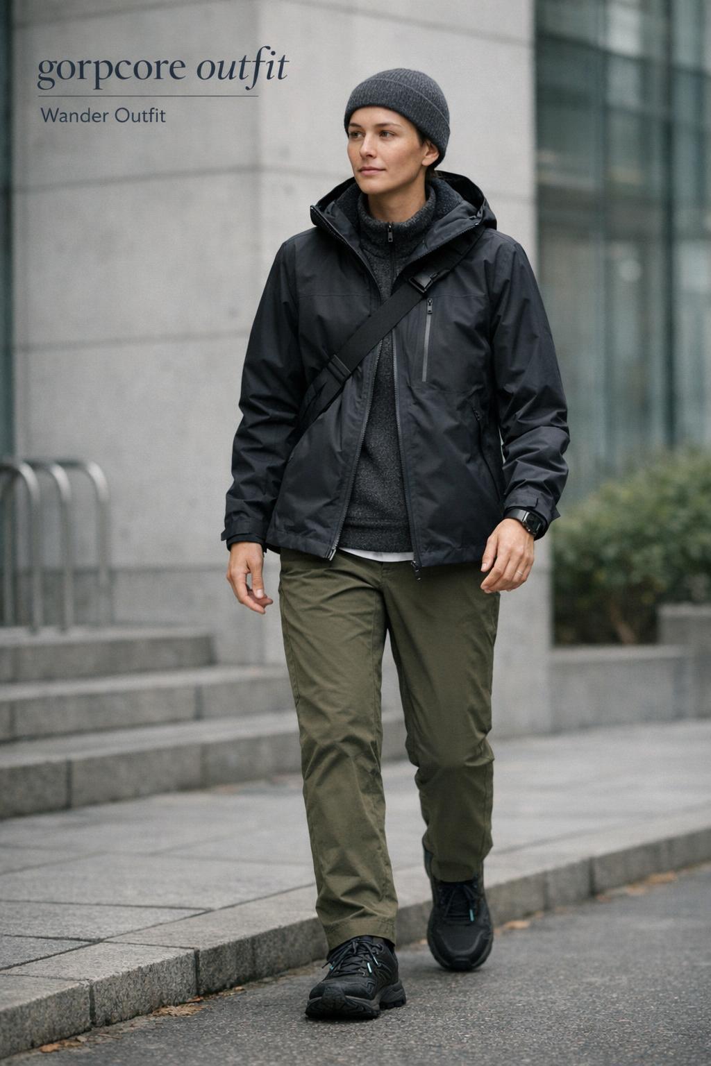 Gorpcore outfit on a stylish adult walking a modern city sidewalk in a matte shell jacket and technical pants.
