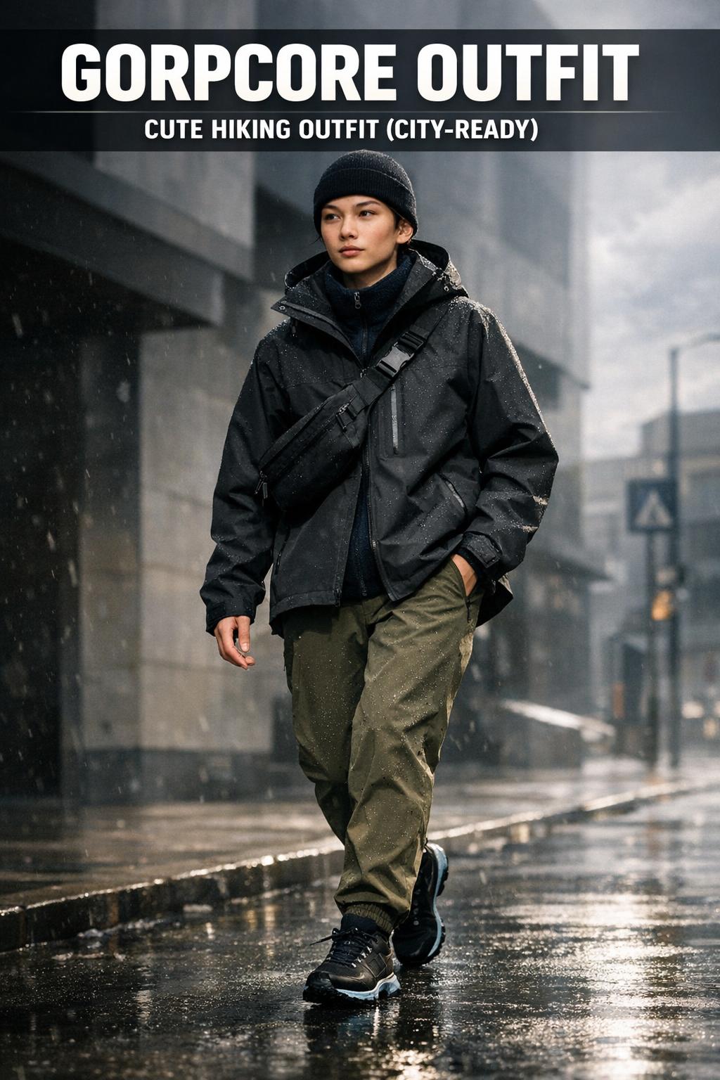 Gorpcore outfit with technical jacket, cargo pants, and hiking boots in an urban street style photo