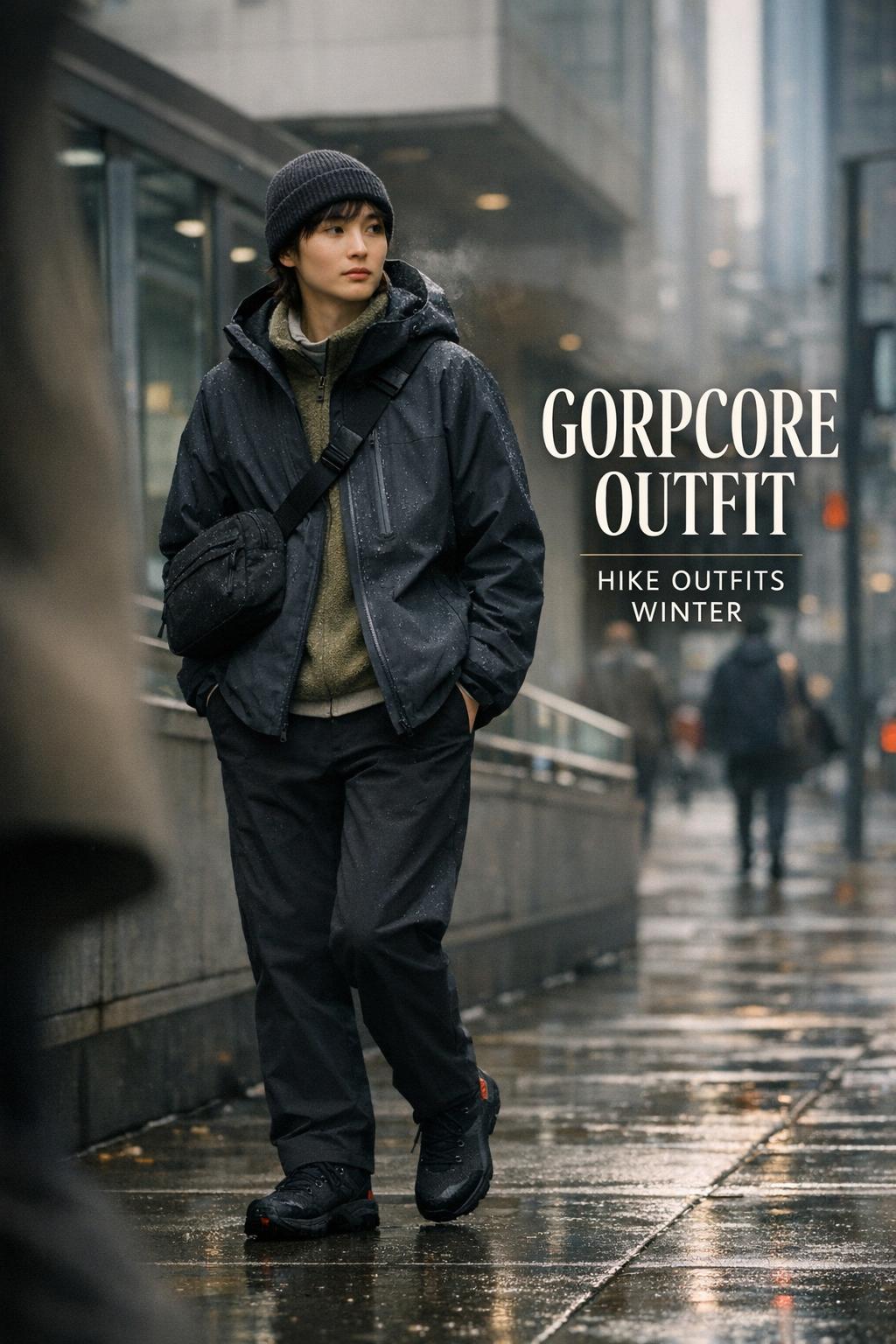Gorpcore outfit on a stylish commuter in a waterproof shell jacket and beanie on a wet winter city sidewalk near transit