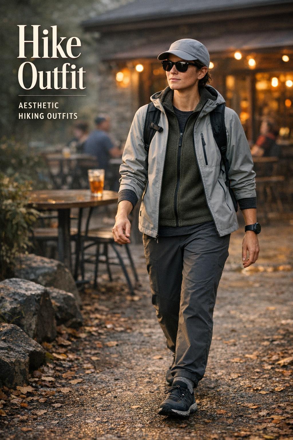 Hike outfit: modern trail-to-town look walking from park trailhead toward a cozy café patio at golden hour
