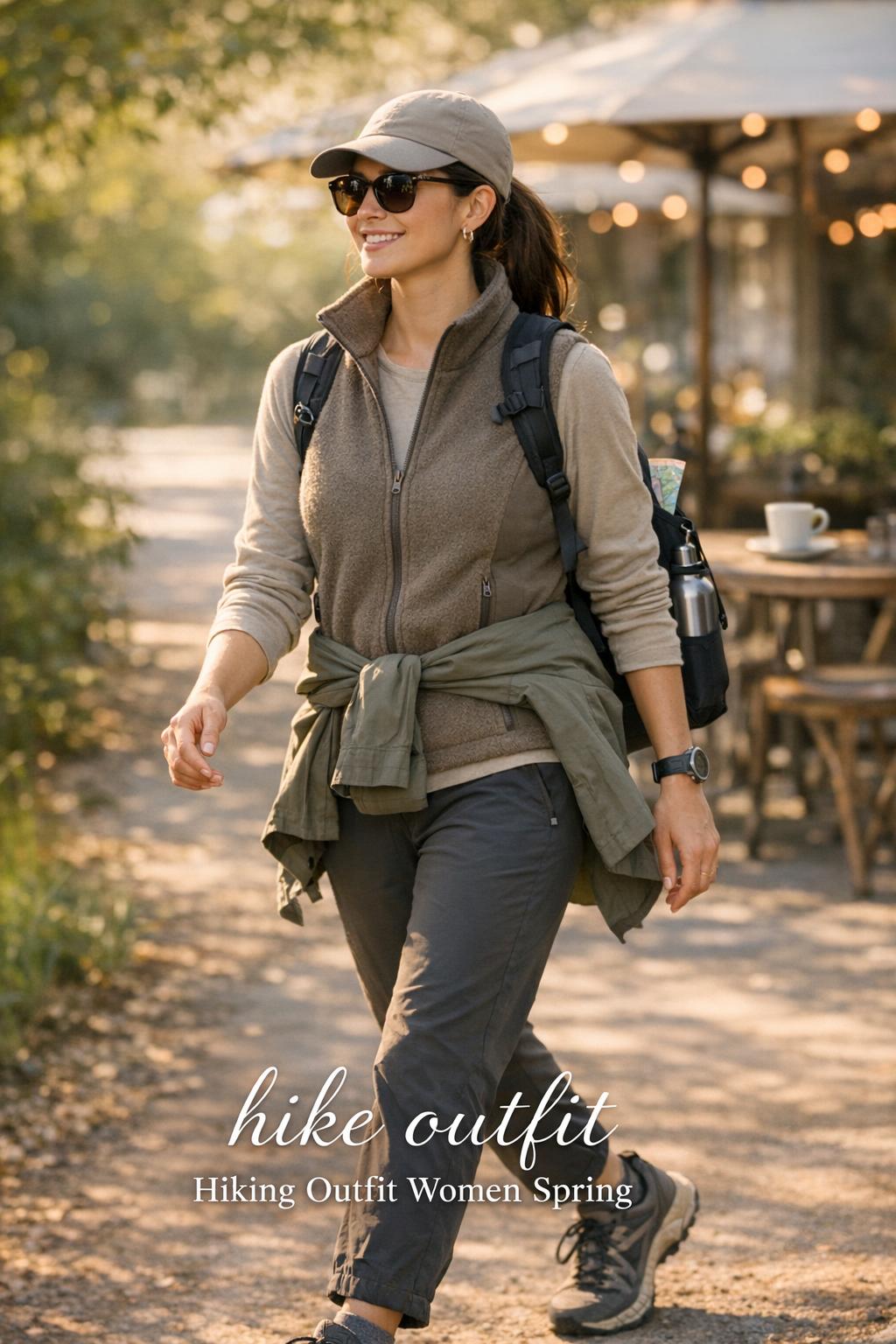 Stylish woman walking a sunlit urban park trail in a hike outfit, with outdoor café bokeh in golden-hour light