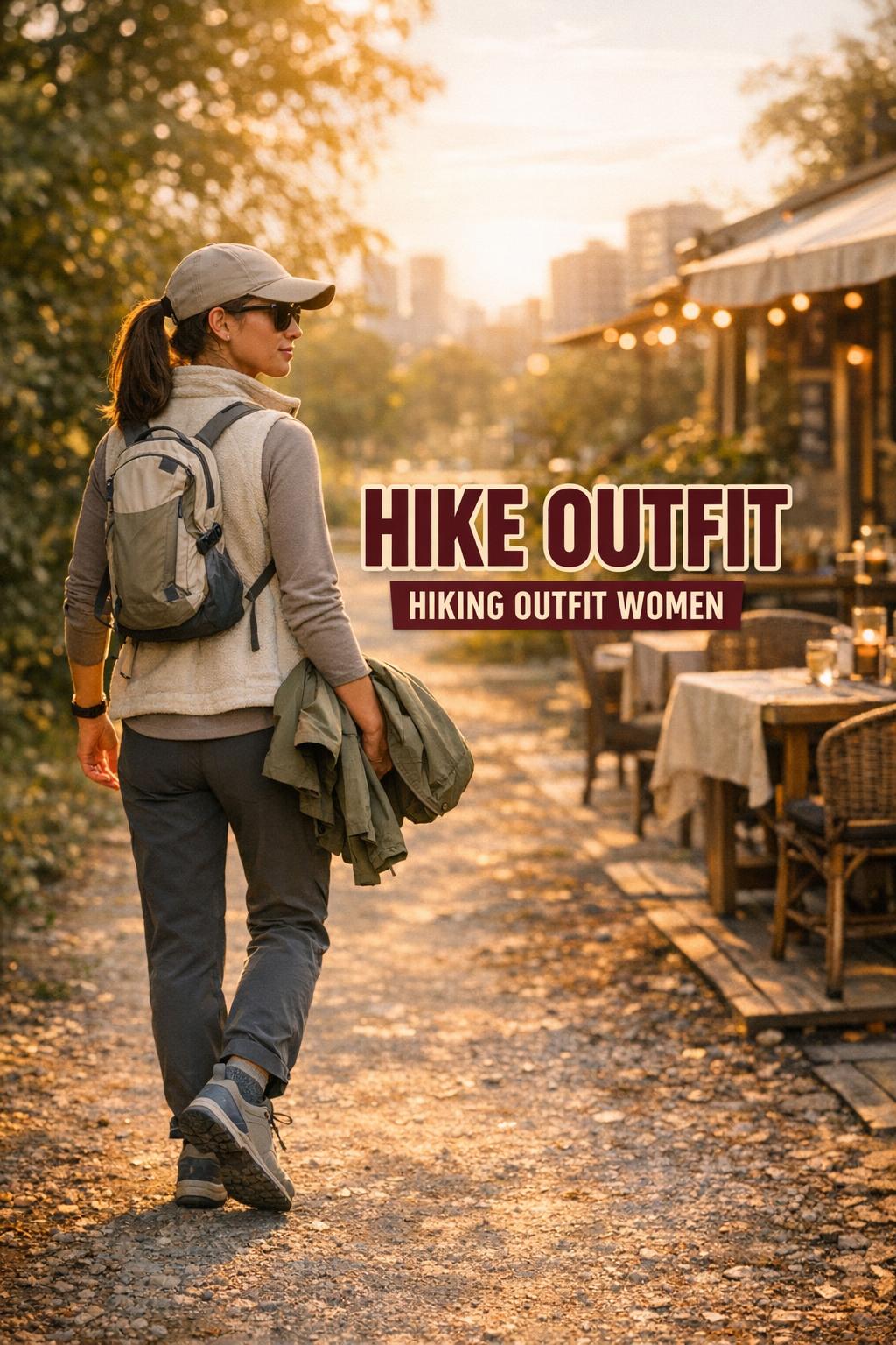 Hike outfit idea: stylish woman walking from park trail to cozy cafe patio in neutral technical layers at golden hour
