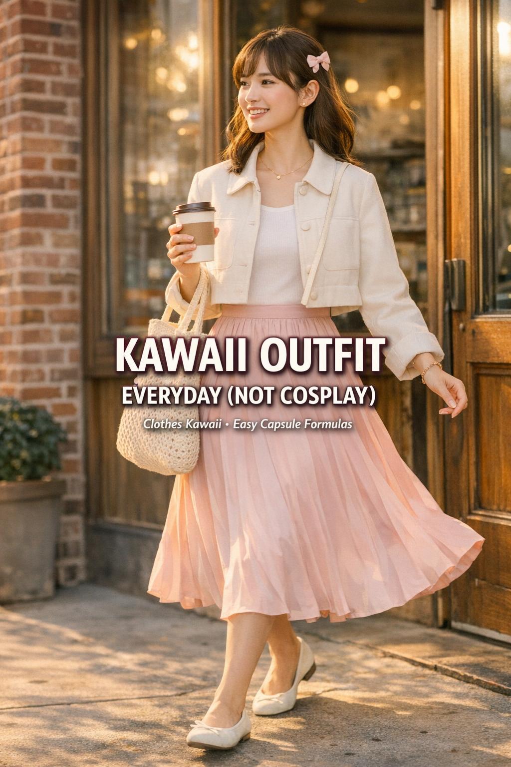 Kawaii outfit on a stylish woman holding coffee outside a sunny city cafe in a blush pleated skirt and white top