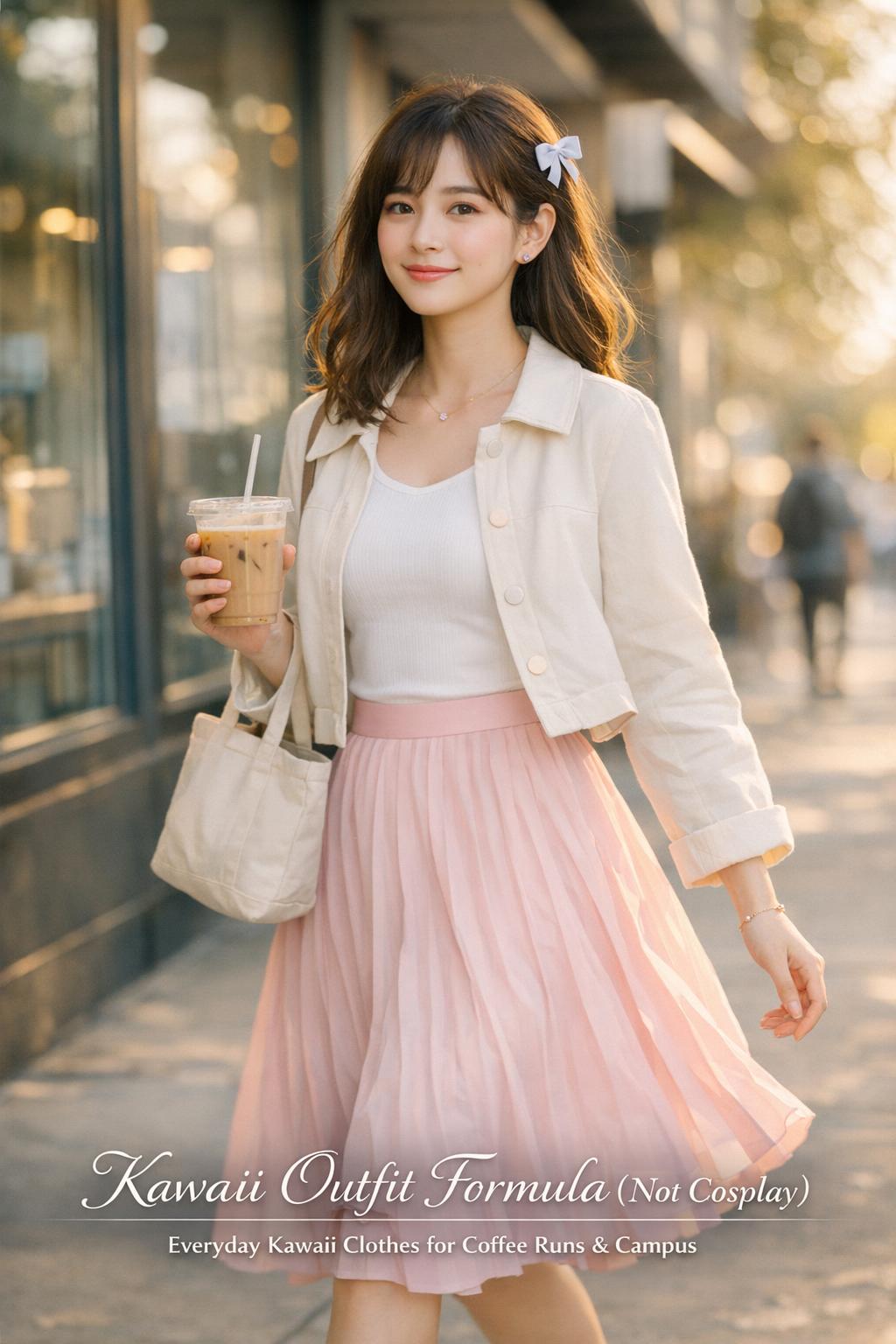 kawaii outfit on a young woman walking with iced latte outside a city coffee shop in pastel skirt and cream jacket