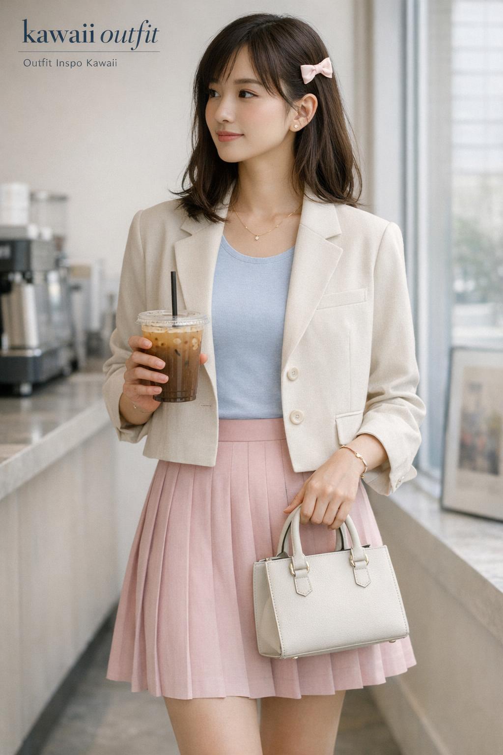Kawaii outfit style guide in a bright city cafe, pastel dress with cream blazer, iced coffee and tote by window light.