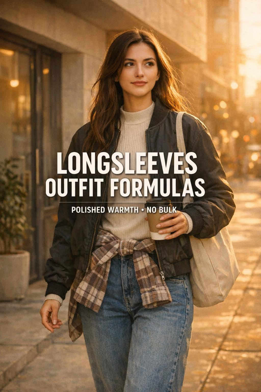 Longsleeves outfit formulas cover featuring a stylish woman walking with coffee at golden hour near a minimalist cafe