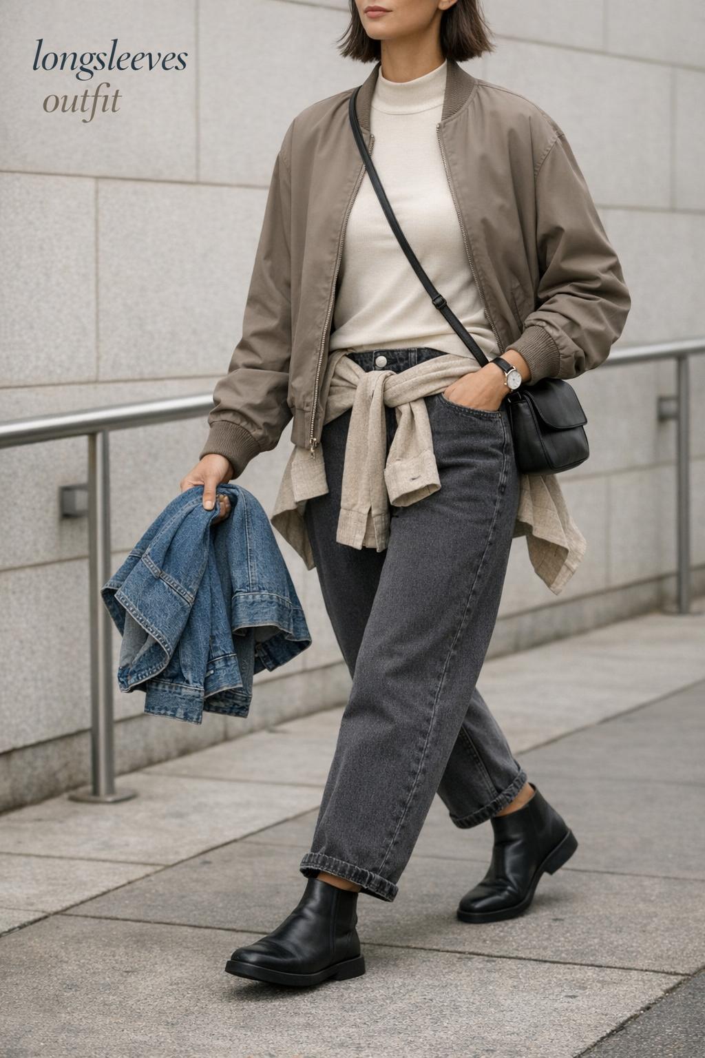 Longsleeves outfit in minimalist Scandinavian street style, commuter in taupe bomber and charcoal jeans on city sidewalk