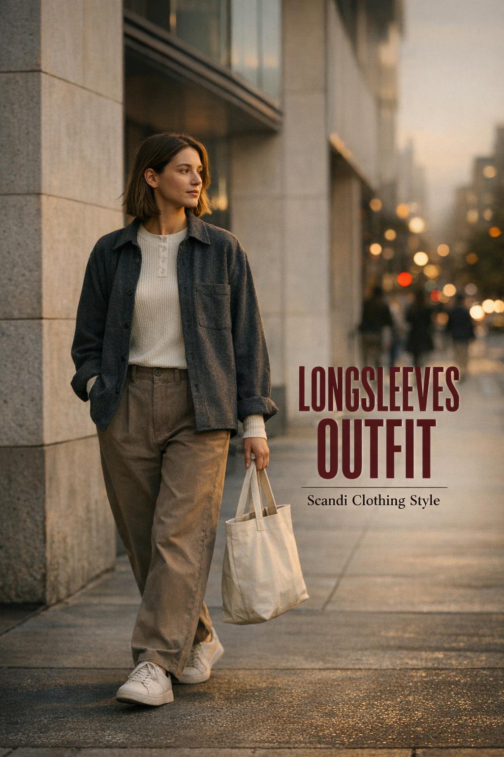 Longsleeves outfit in Scandi clothing style, commuter in cream ribbed mock neck and charcoal jacket at dusk