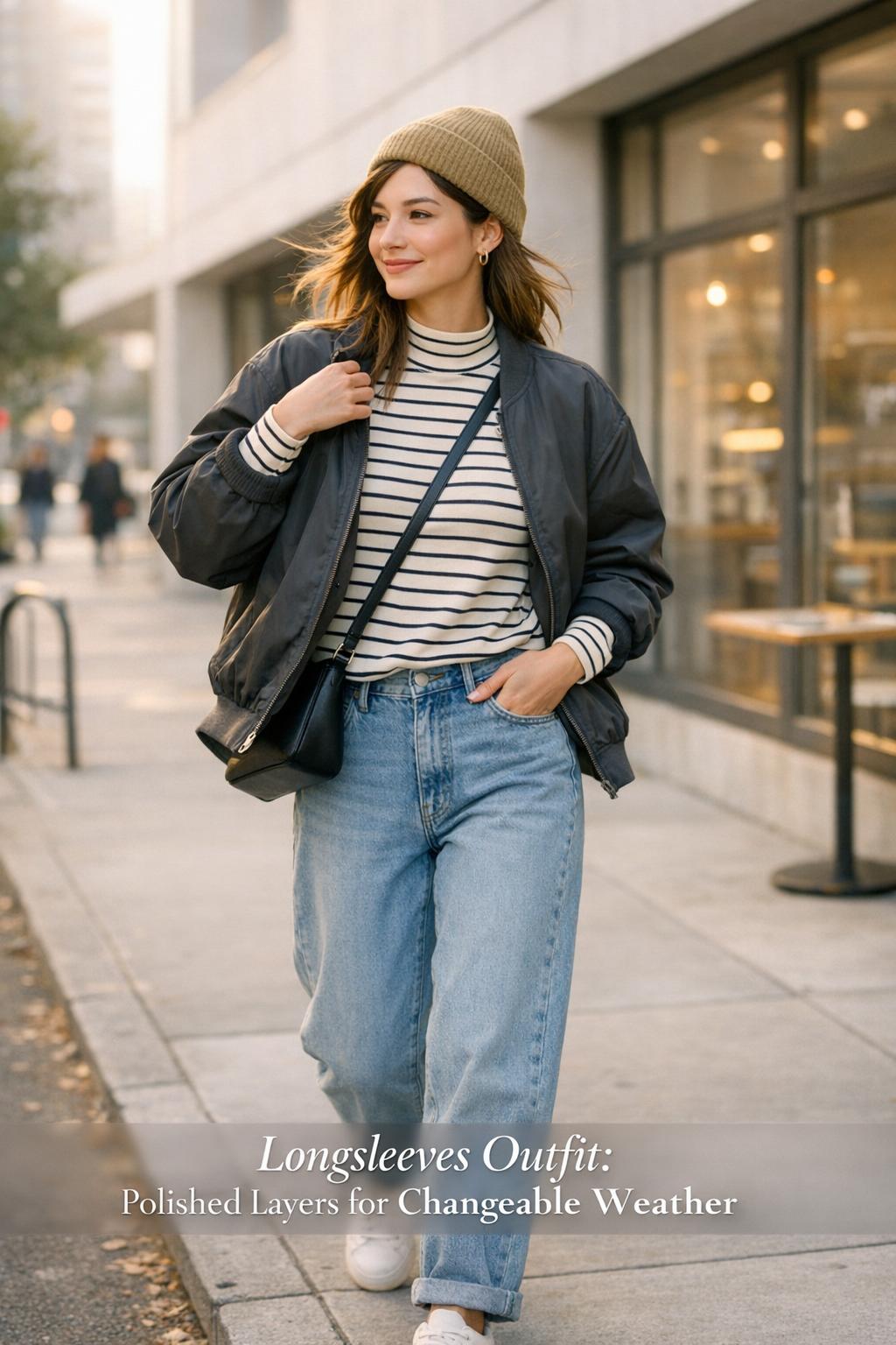 Longsleeves outfit with striped mock neck, charcoal bomber jacket, baggy jeans and white sneakers on a city street