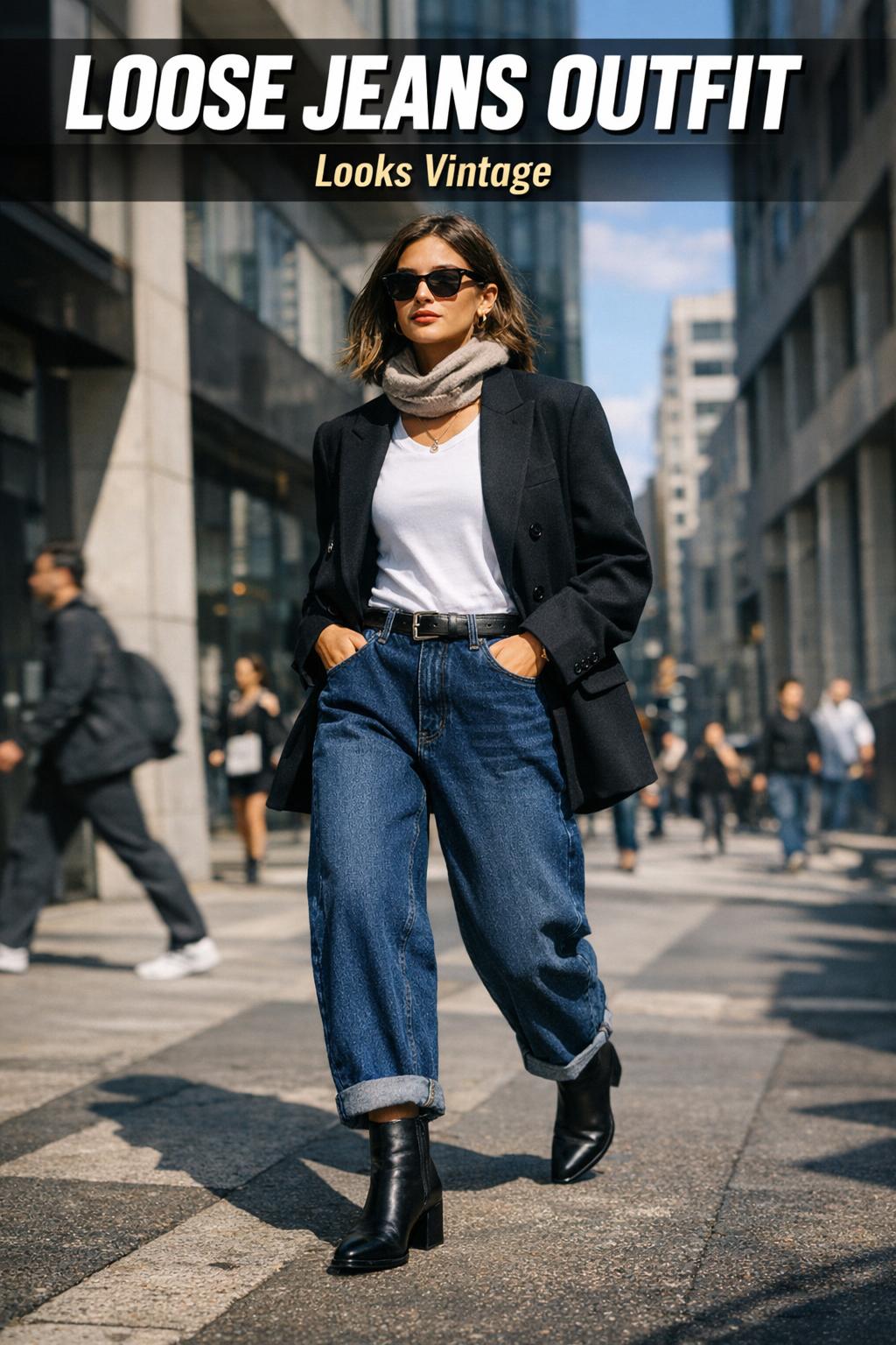 Loose jeans outfit with casual white tee and sneakers on a city street
