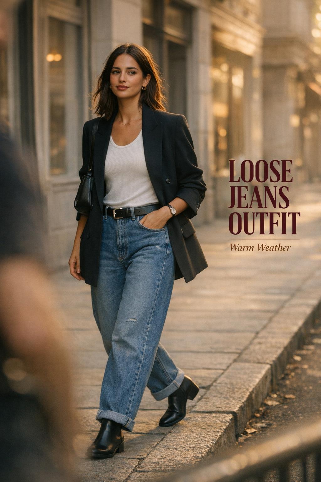 Loose jeans outfit street style photo of a woman in blazer and wide-leg denim walking in golden-hour city light