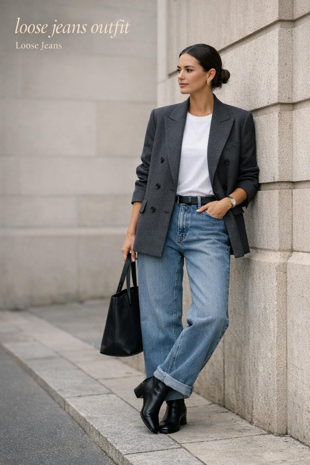 Woman in a loose jeans outfit with blazer and ankle boots on a minimalist city sidewalk, editorial street style
