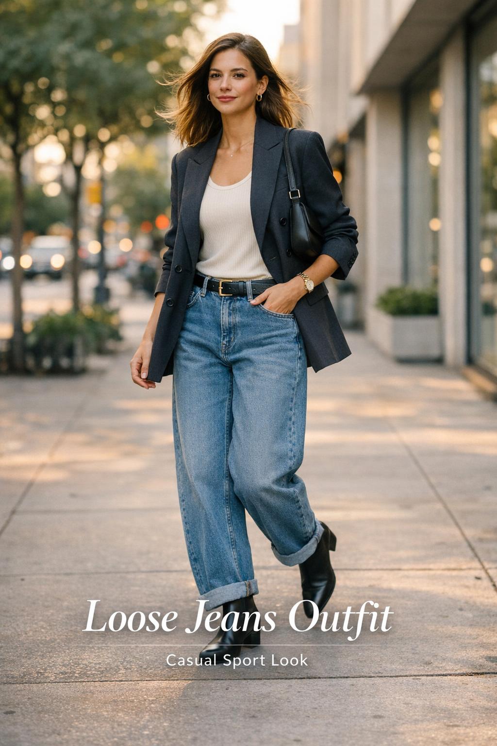 Loose jeans outfit street style at golden hour, woman in wide-leg denim, blazer and black ankle boots on downtown sidewalk