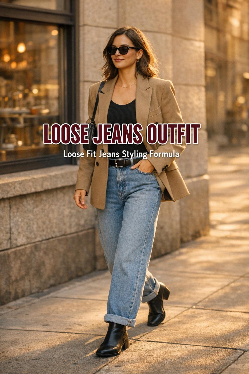 Loose jeans outfit on a stylish woman in a camel blazer and black ankle boots walking a golden-hour city street.