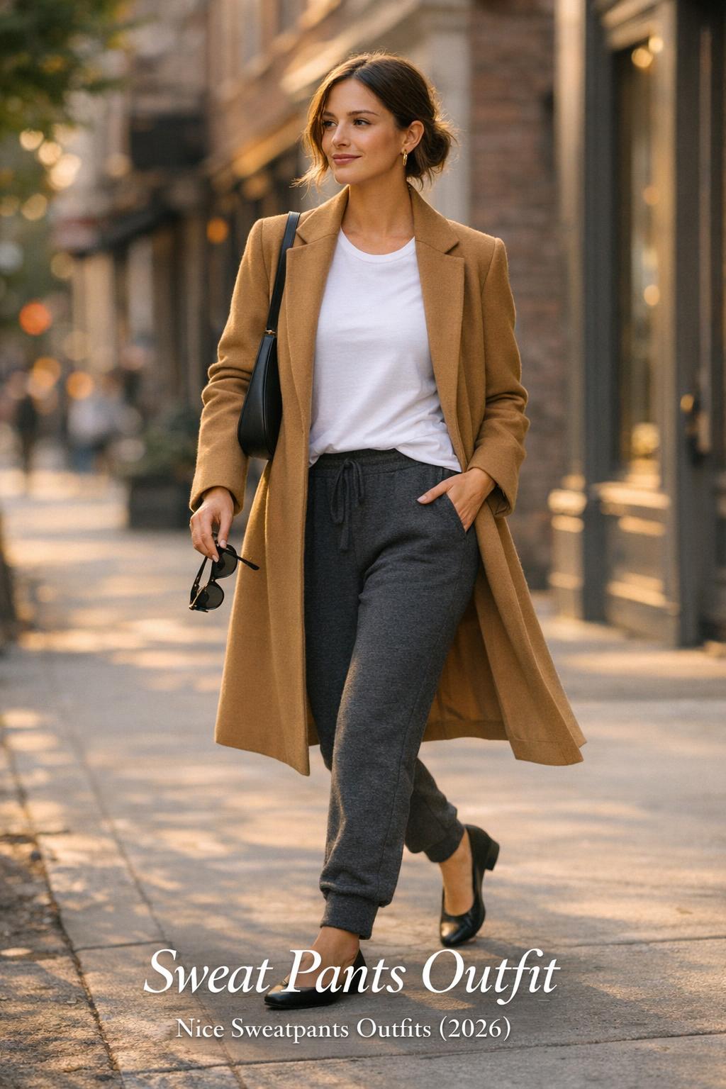 Stylish NYC street-style sweat pants outfit with camel coat, white tee, charcoal joggers and black ankle boots at golden hour