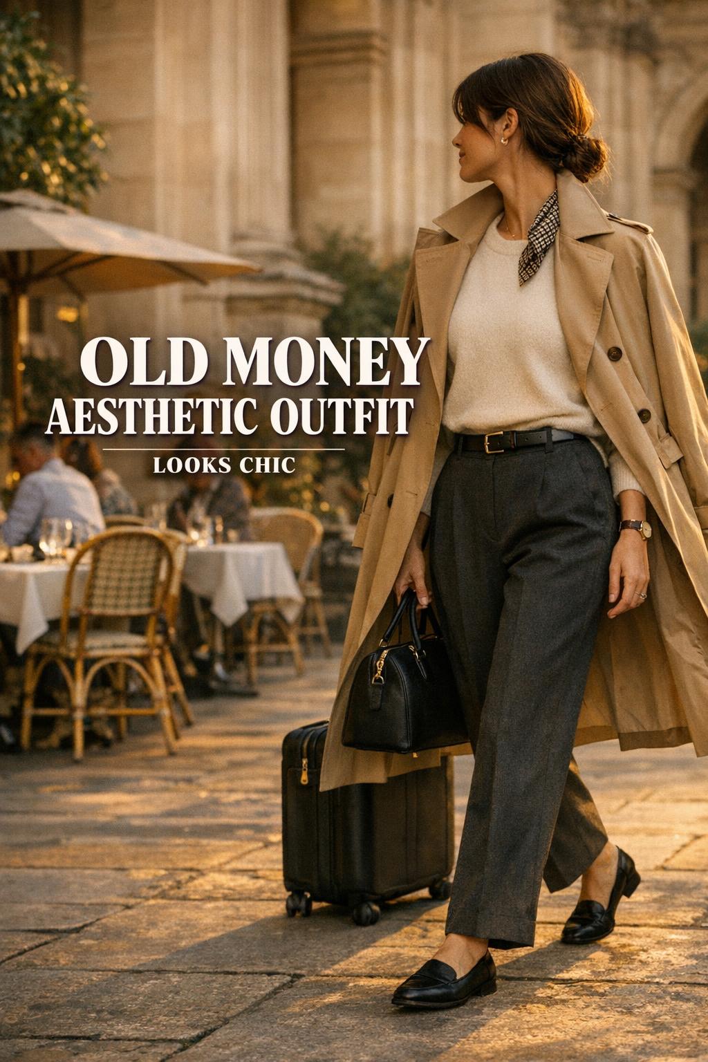 Old money aesthetic outfit in Paris: woman in camel trench and ivory cashmere walking past a sunlit museum café
