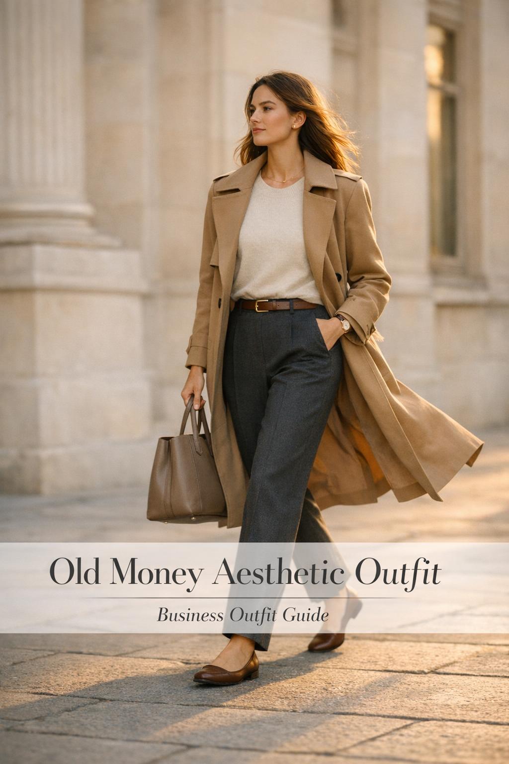 Old money aesthetic outfit on elegant woman in beige trench coat walking past a Paris museum at golden hour