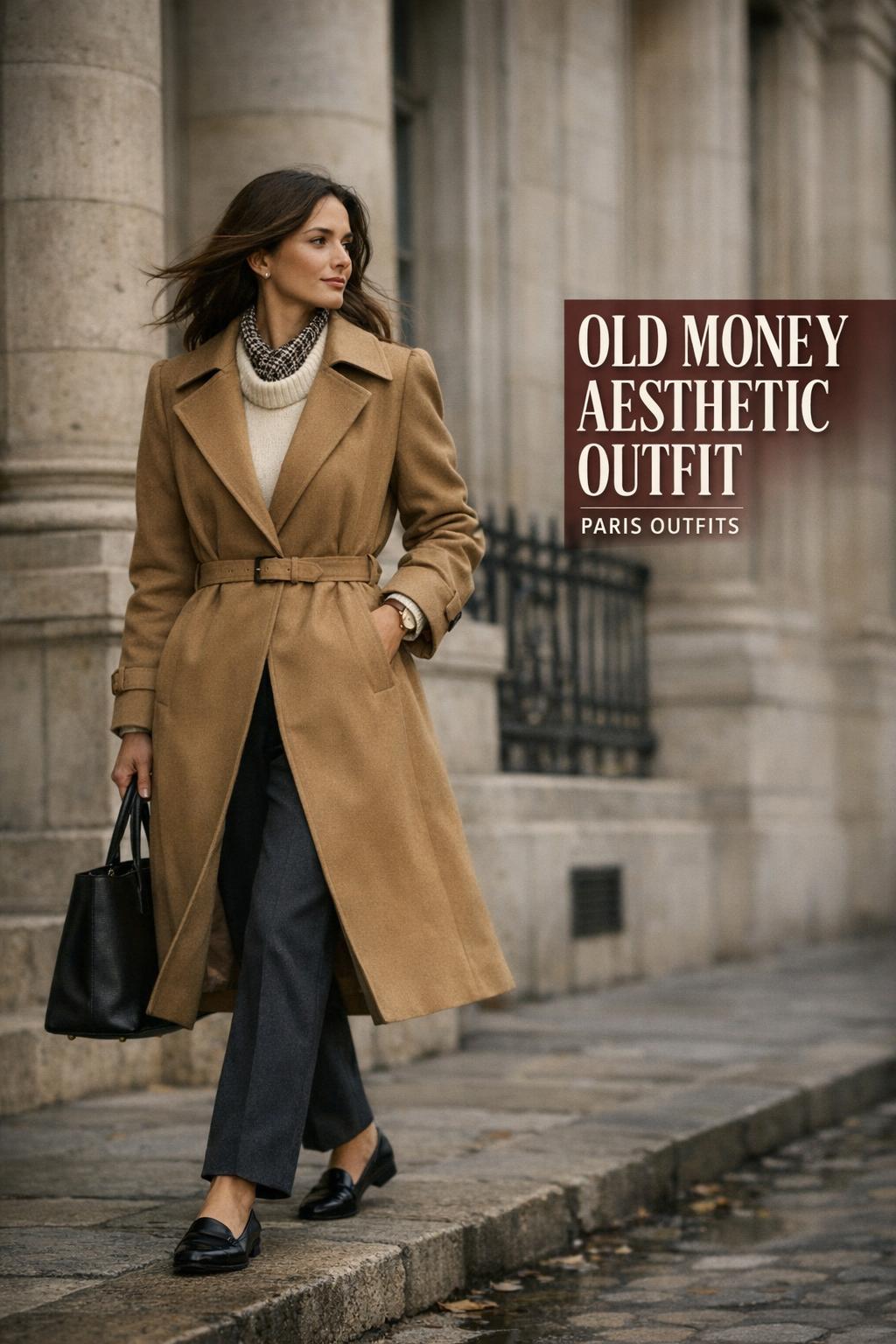 Old money aesthetic outfit in Paris: elegant woman in camel trench walking past a stone museum facade at golden hour