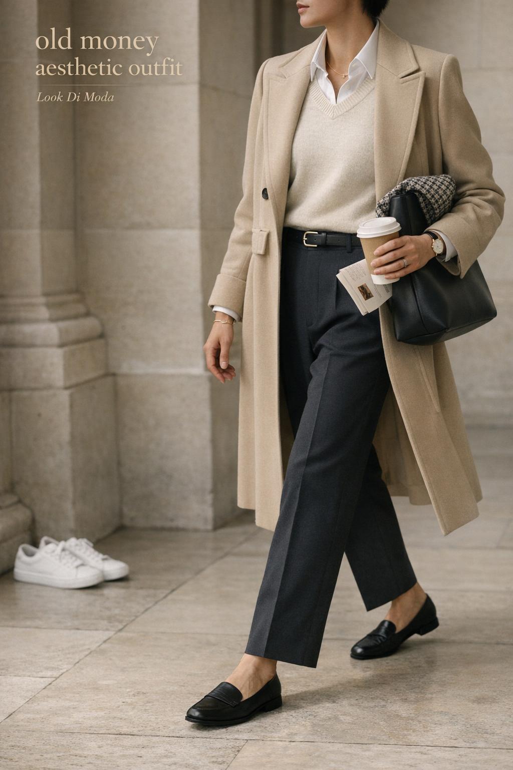 Old money aesthetic outfit in a Parisian stone corridor, trench coat and tailored trousers with leather tote in soft daylight.
