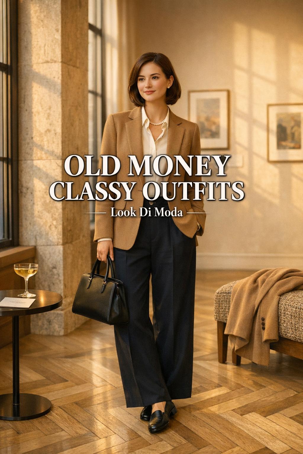 Old money classy outfits in a New York art gallery lobby, woman in camel blazer and navy trousers in golden-hour light