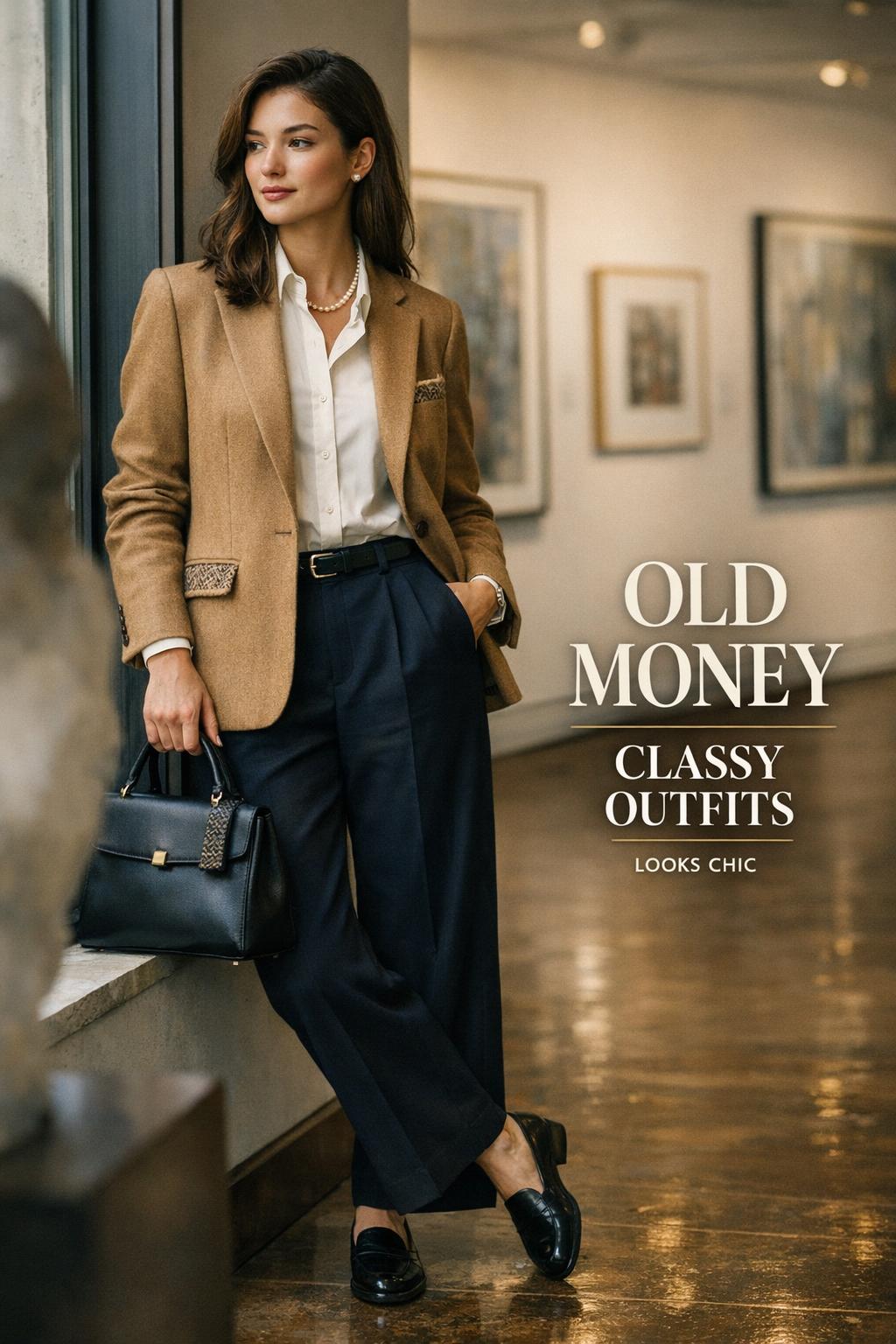 Old money classy outfits in a New York art gallery, stylish woman in camel blazer and navy trousers by a window