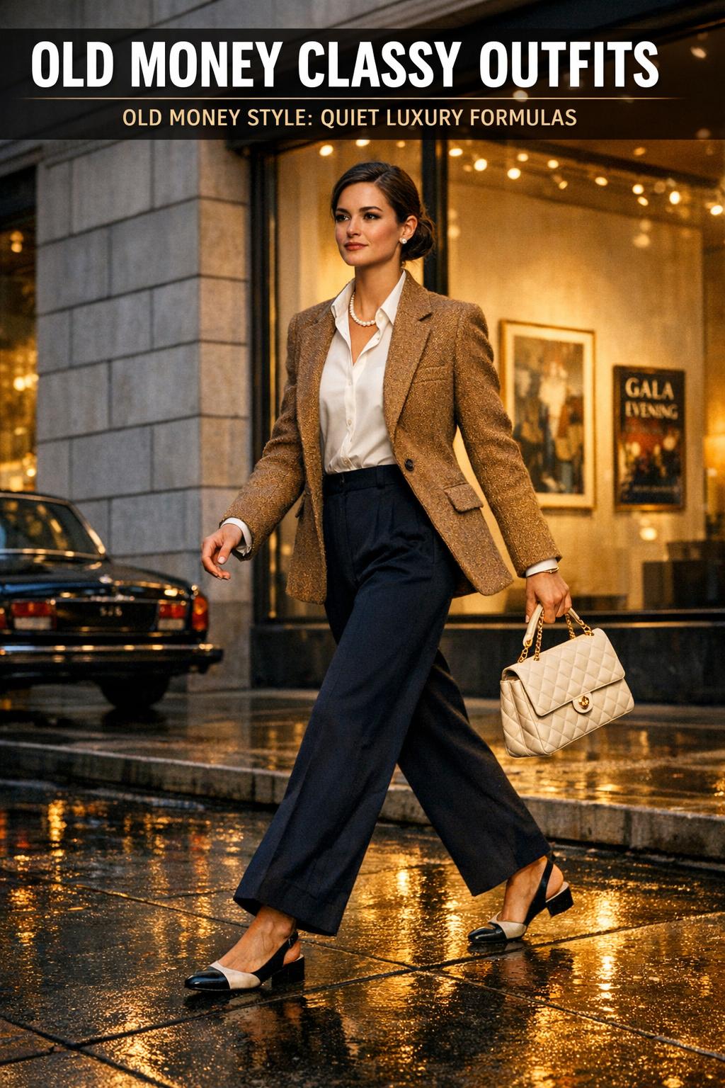 Old money classy outfits photographed in soft natural light, featuring tailored blazers, pleated trousers, and loafers.