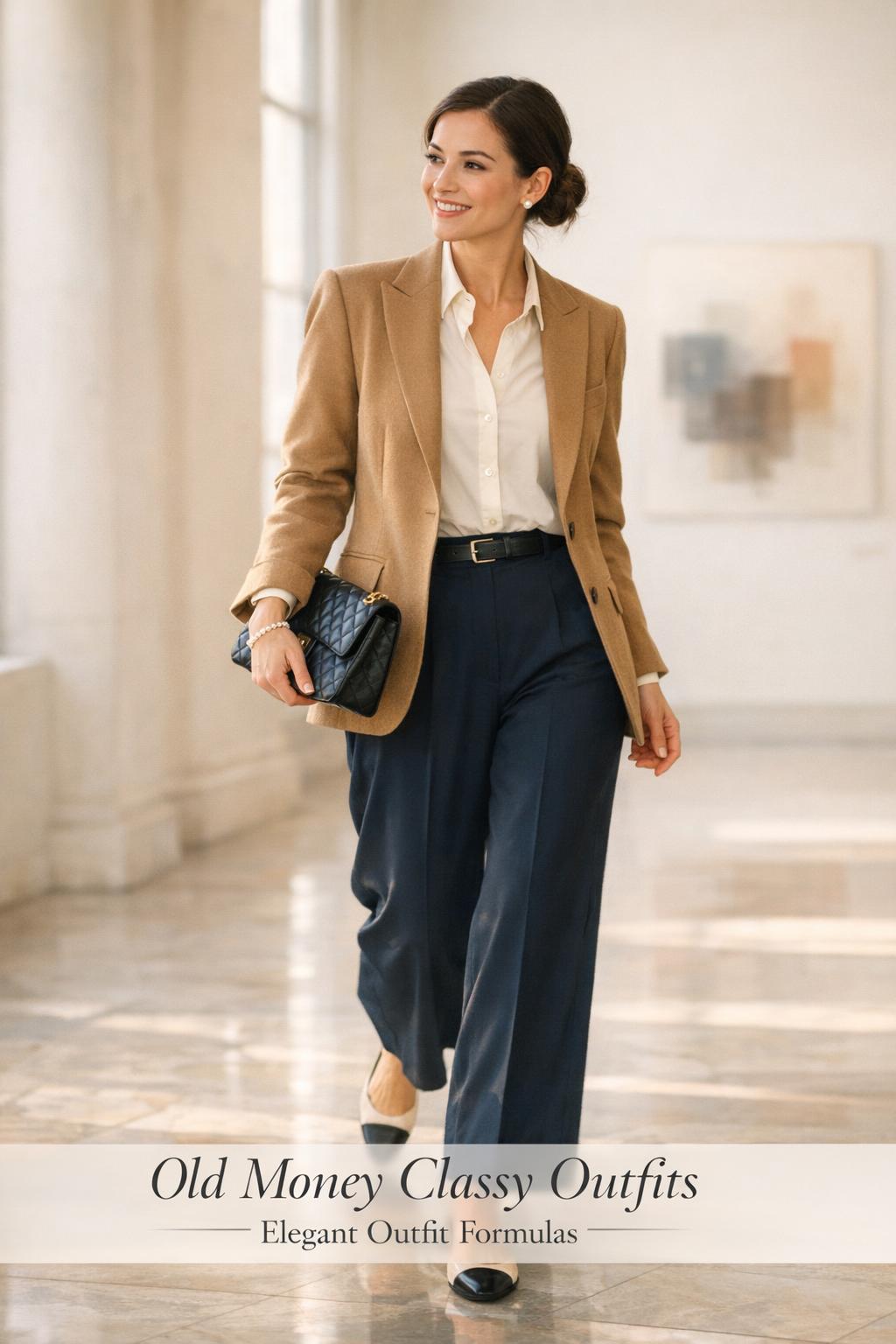 Stylish woman in camel blazer and navy trousers walking in a New York gallery, showcasing old money classy outfits