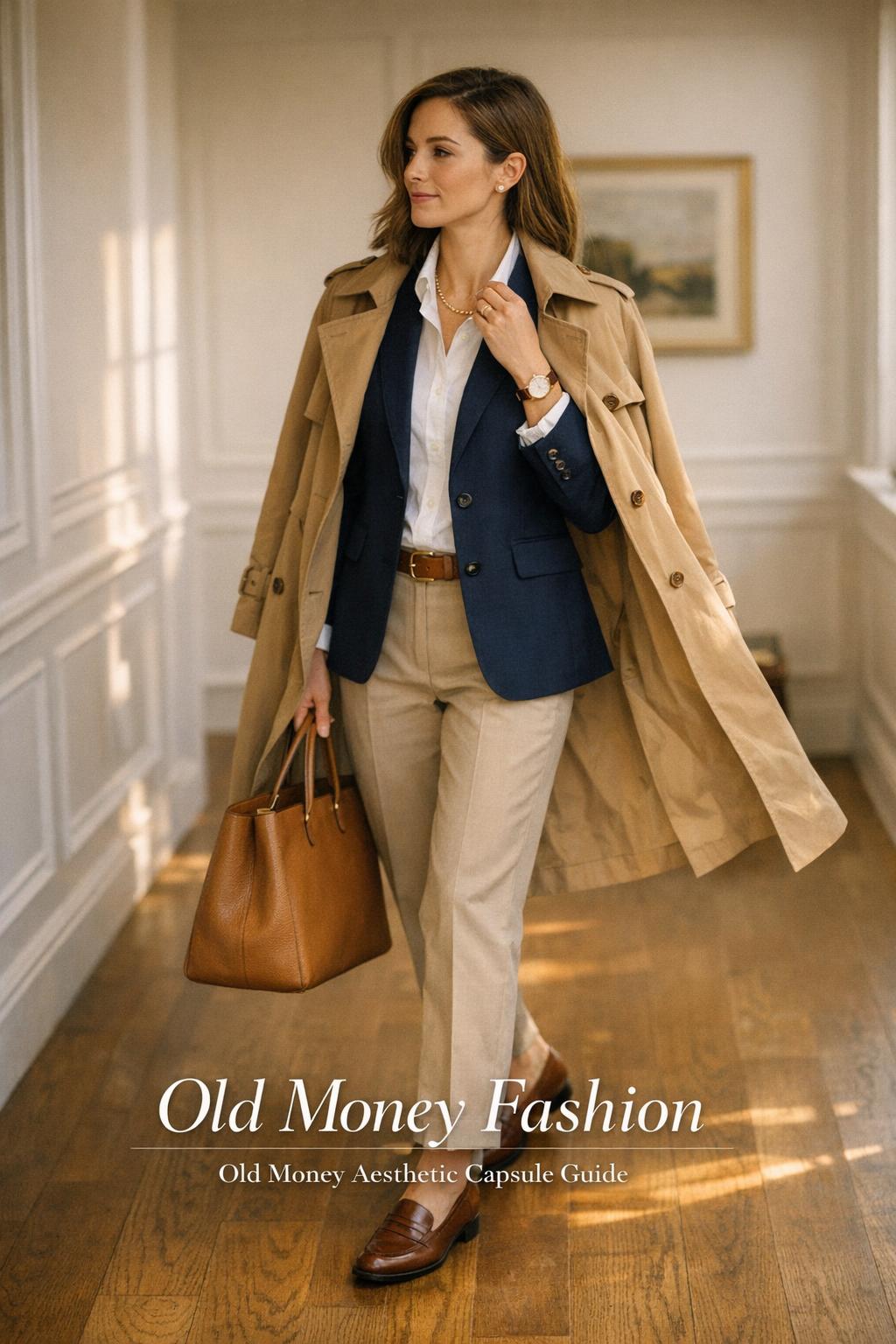 Old money fashion portrait of a woman in camel trench and navy blazer in a sunlit East Coast entryway