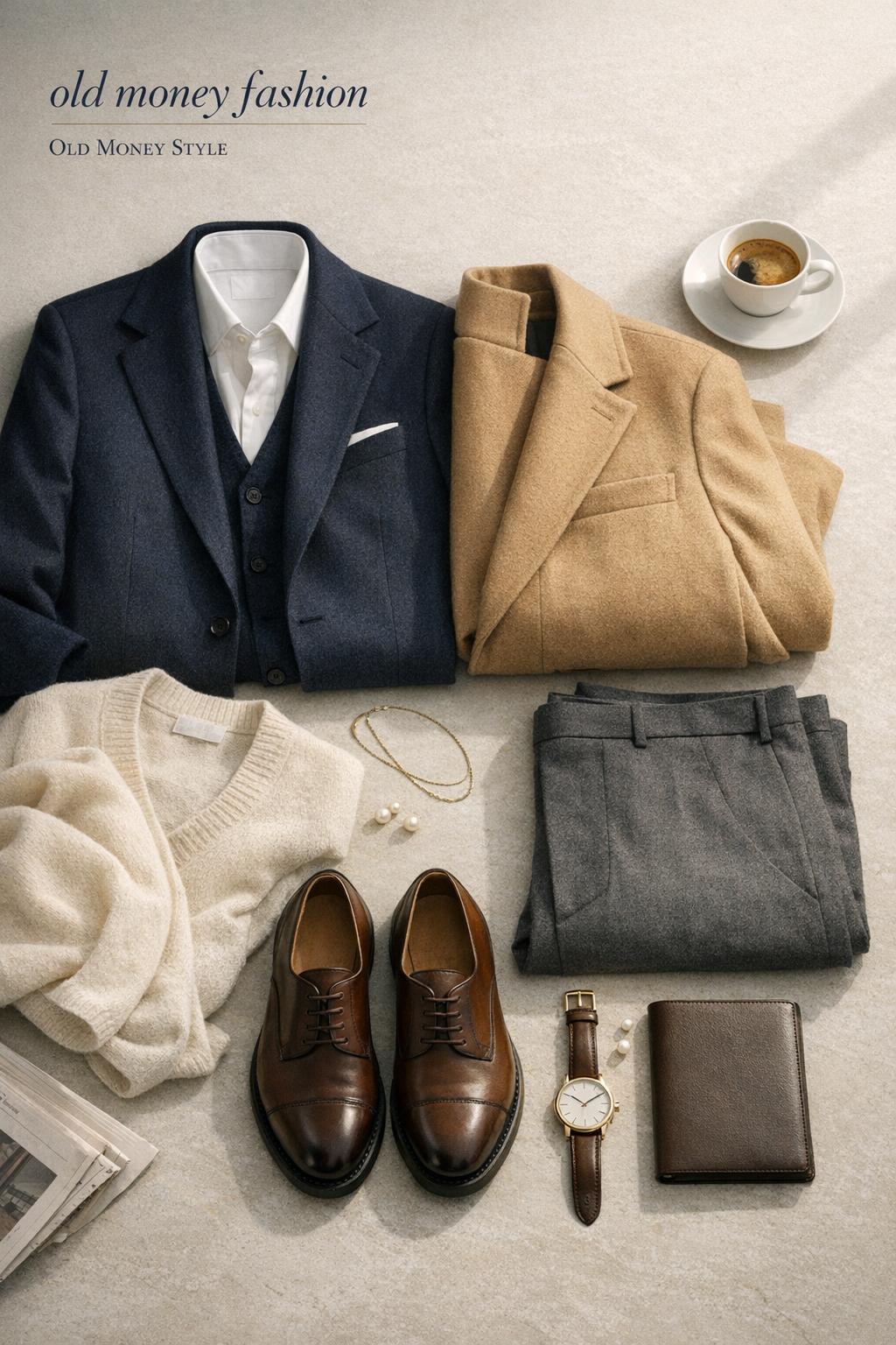 Old money fashion capsule wardrobe flat lay with navy blazer, camel coat, loafers, watch, and espresso on stone tabletop.