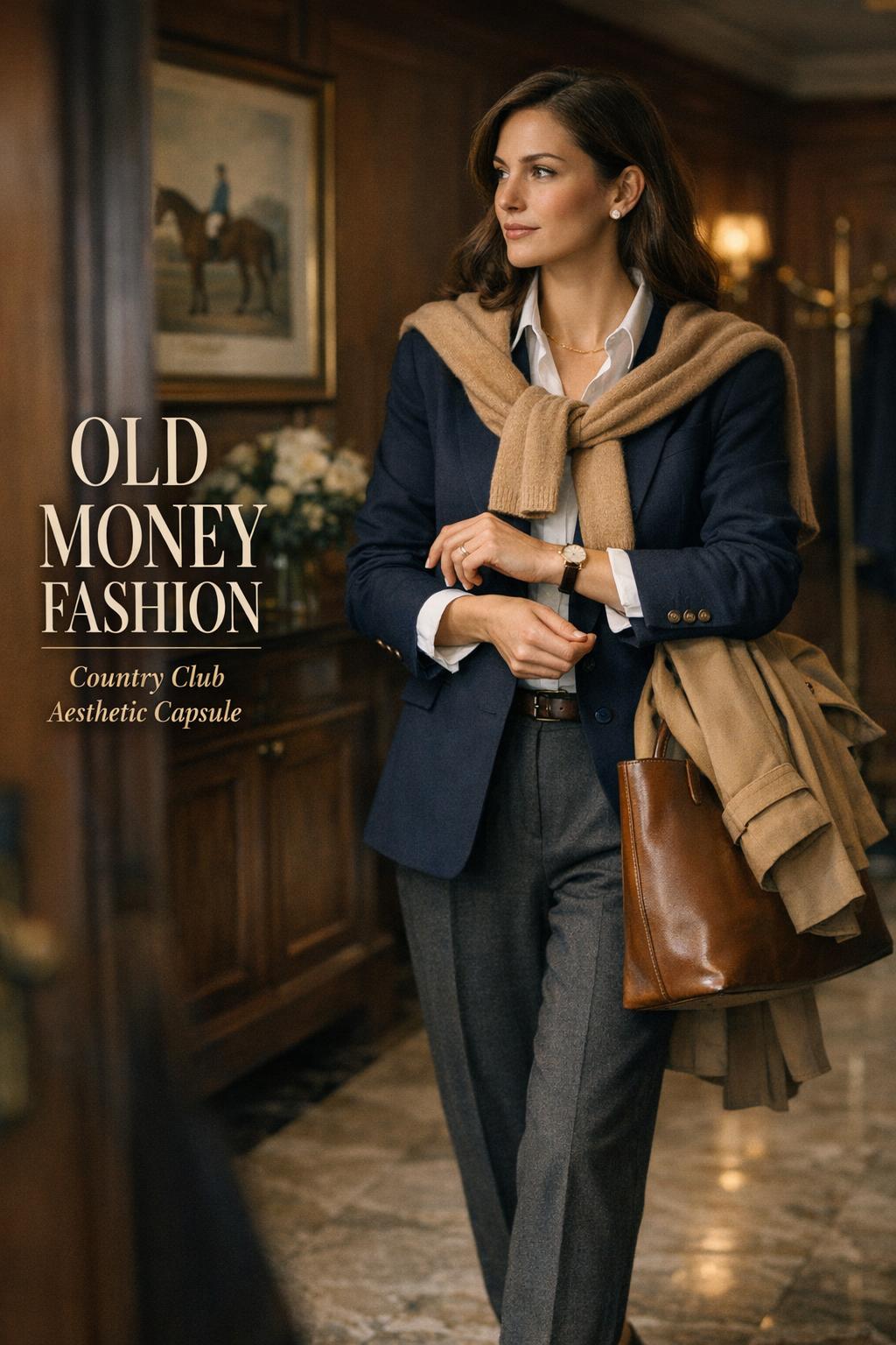 Old money fashion editorial portrait of a woman adjusting a navy blazer in a classic townhouse lobby with warm wood and brass