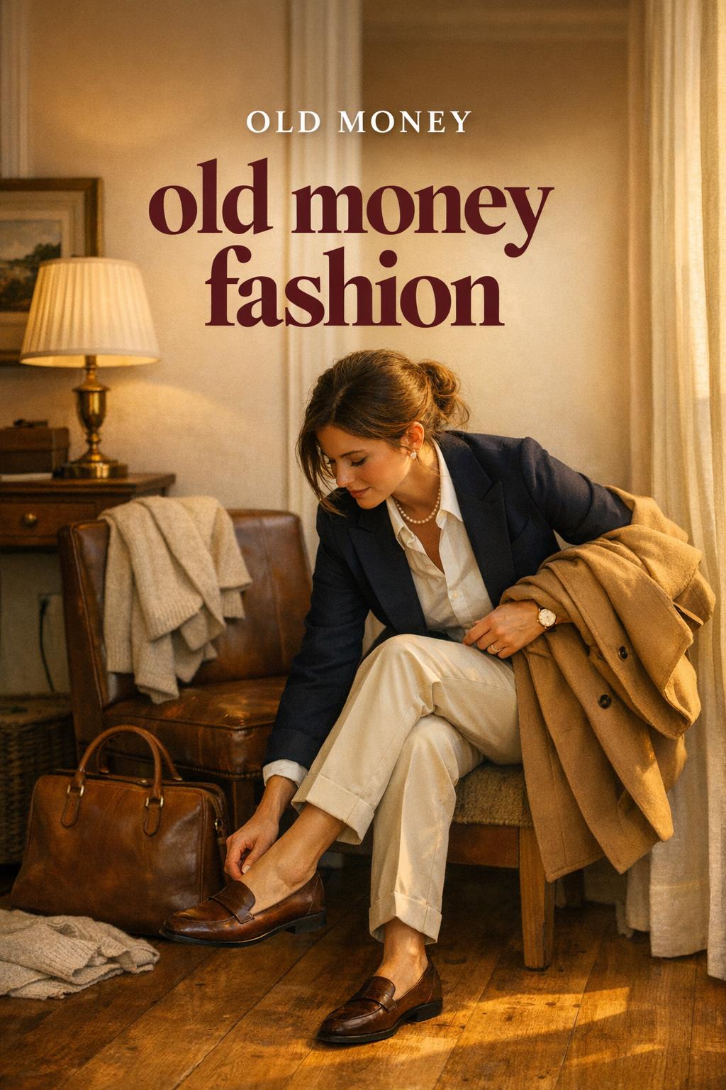 Old money fashion photo of a woman in a navy blazer and white shirt in a warm entryway, holding a camel trench coat