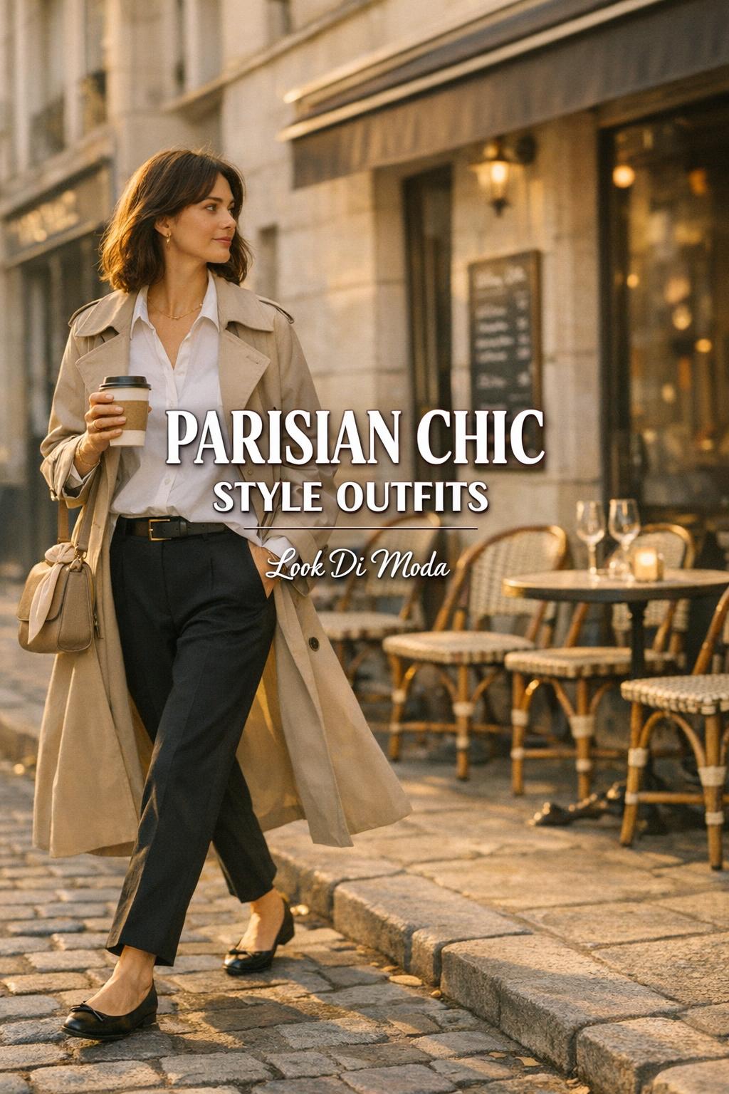Parisian chic style outfits on a woman in beige trench coat walking past a Paris street café at golden hour
