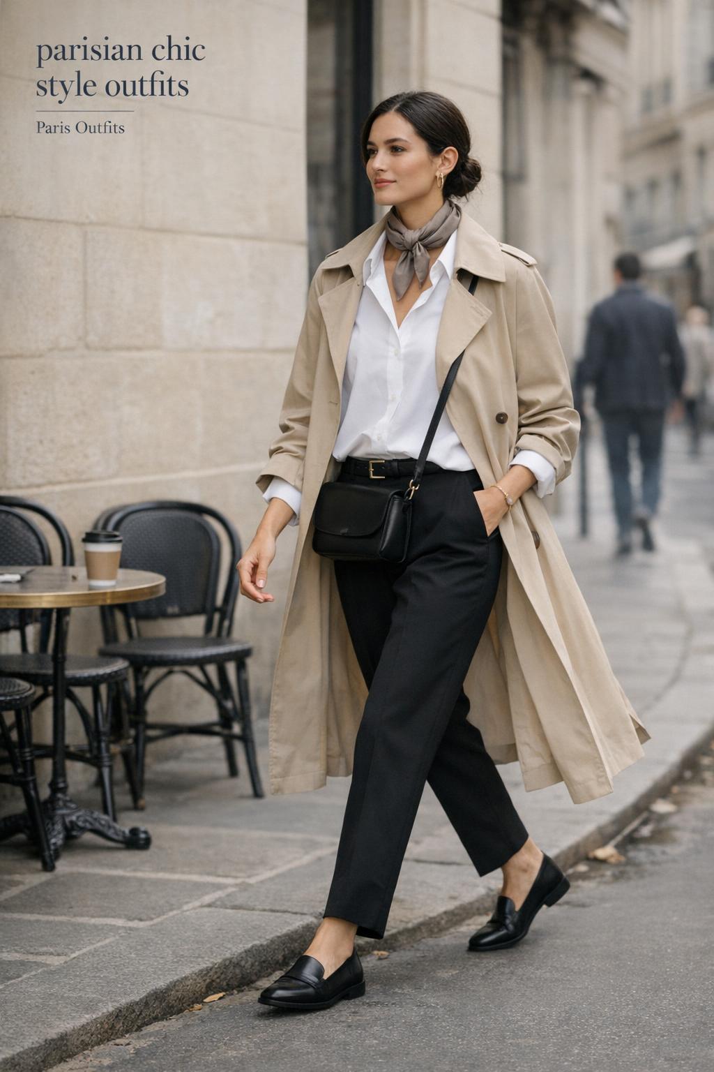 Parisian chic style outfits: stylish woman in beige trench and black trousers walking past a minimalist Paris cafe