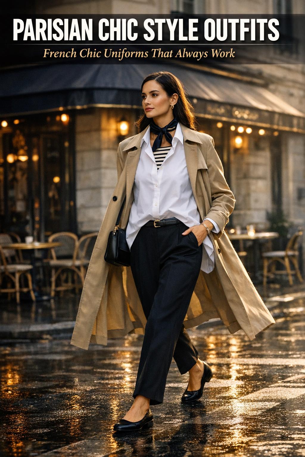 Parisian chic style outfits photographed on a stylish woman walking a Paris street in a tailored blazer and scarf