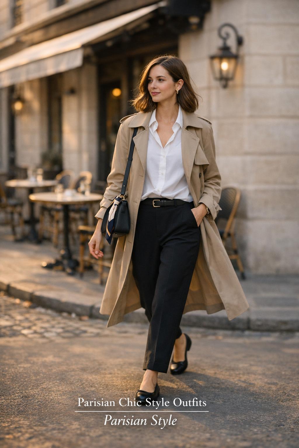 Parisian chic style outfits: woman in beige trench walking past Saint-Germain cafe in golden-hour light, Paris