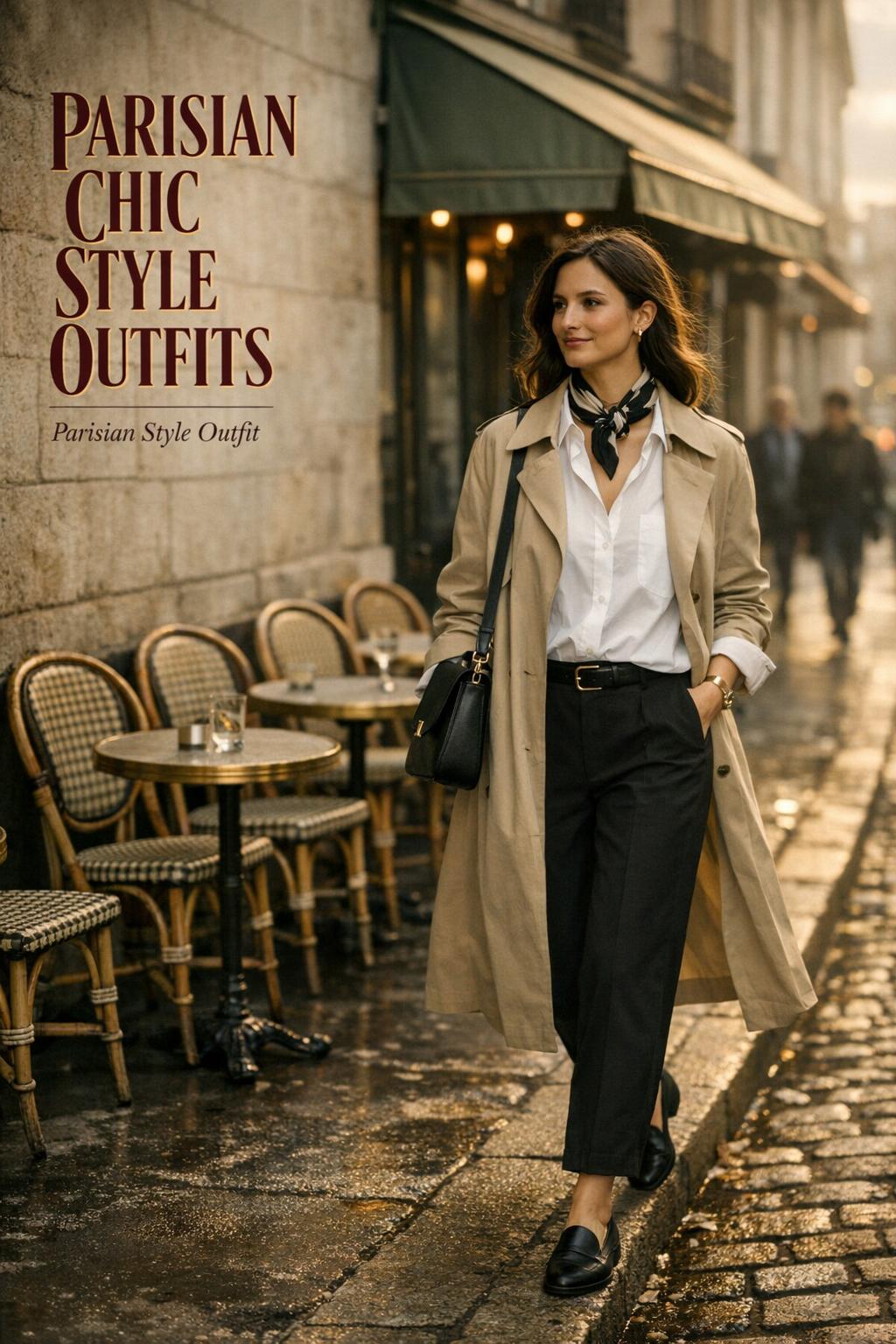 Parisian chic style outfits: woman in beige trench coat walking past a Saint-Germain cafe terrace in Paris