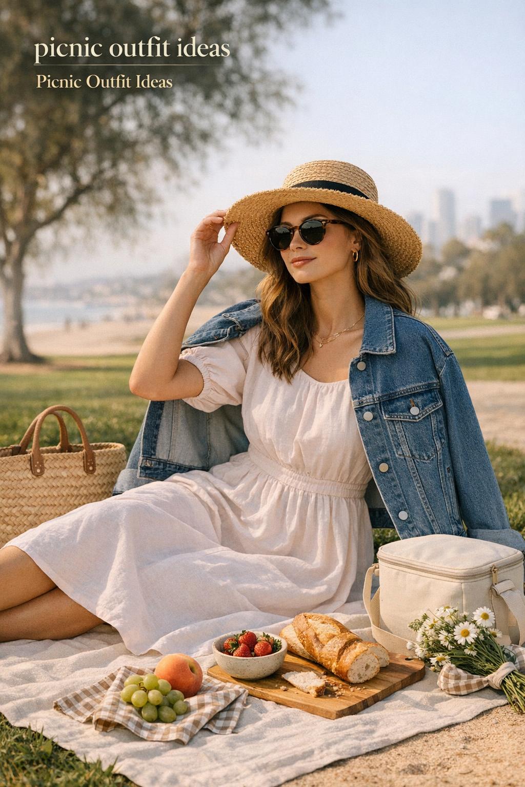 Picnic outfit ideas with a stylish woman in a pastel midi dress, denim jacket, straw hat, and minimal park picnic setup