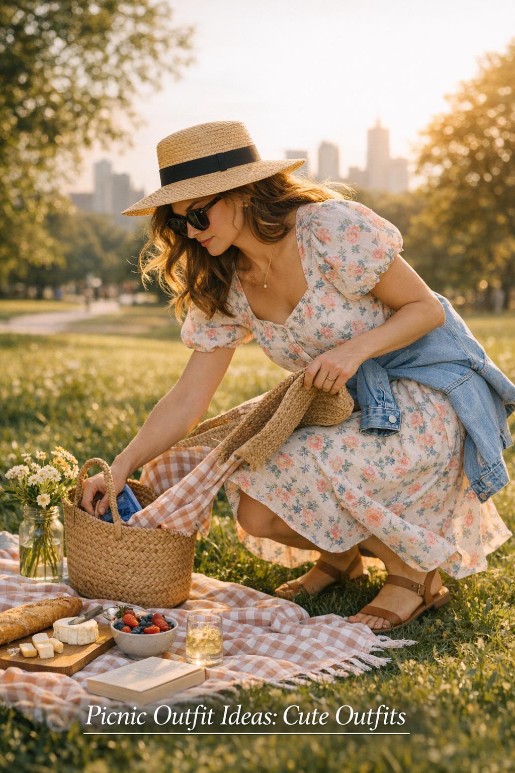 Picnic outfit ideas: woman in floral midi dress and denim jacket setting a picnic blanket in a sunny city park at golden hour