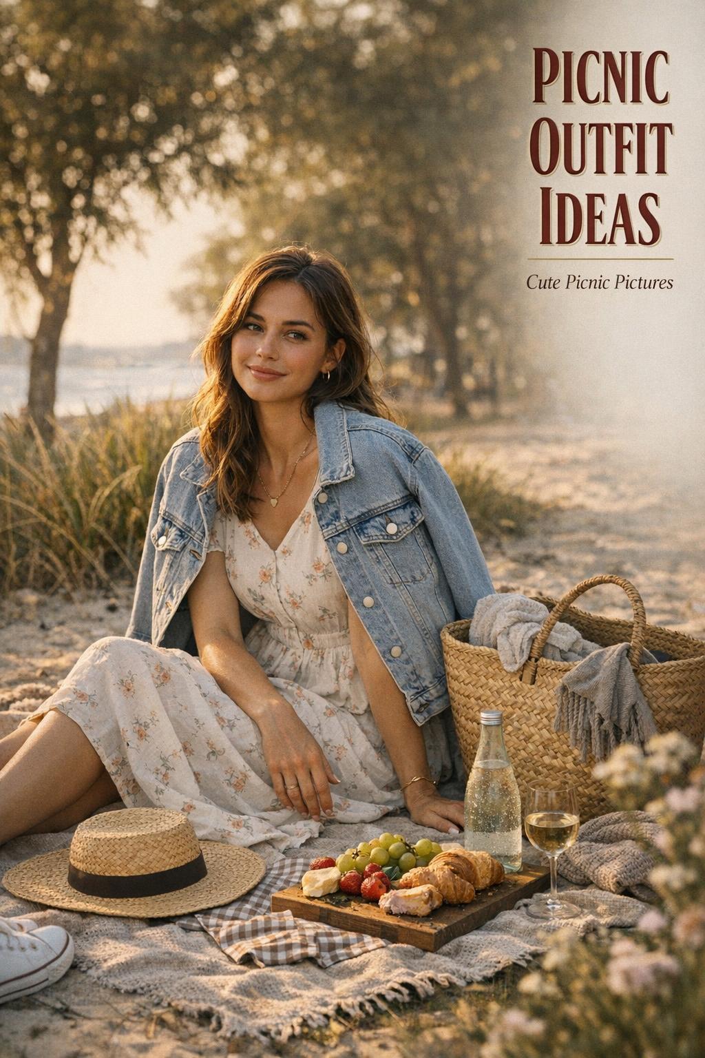 Picnic outfit ideas photo of a stylish woman on a blanket in a sunny park with a denim jacket, straw tote, and snacks