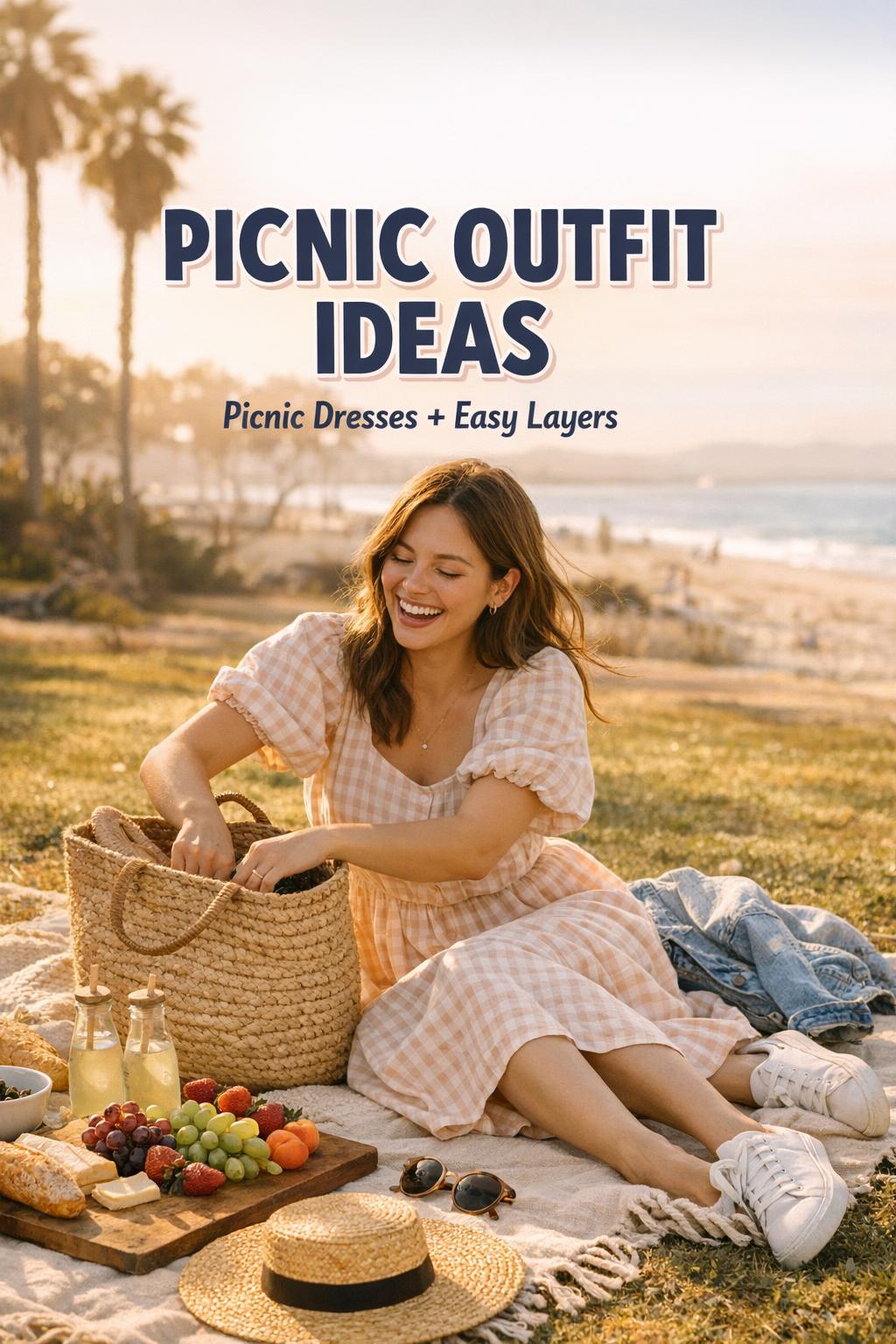 Picnic outfit ideas text overlay on warm golden-hour park picnic with stylish woman in puff-sleeve midi dress