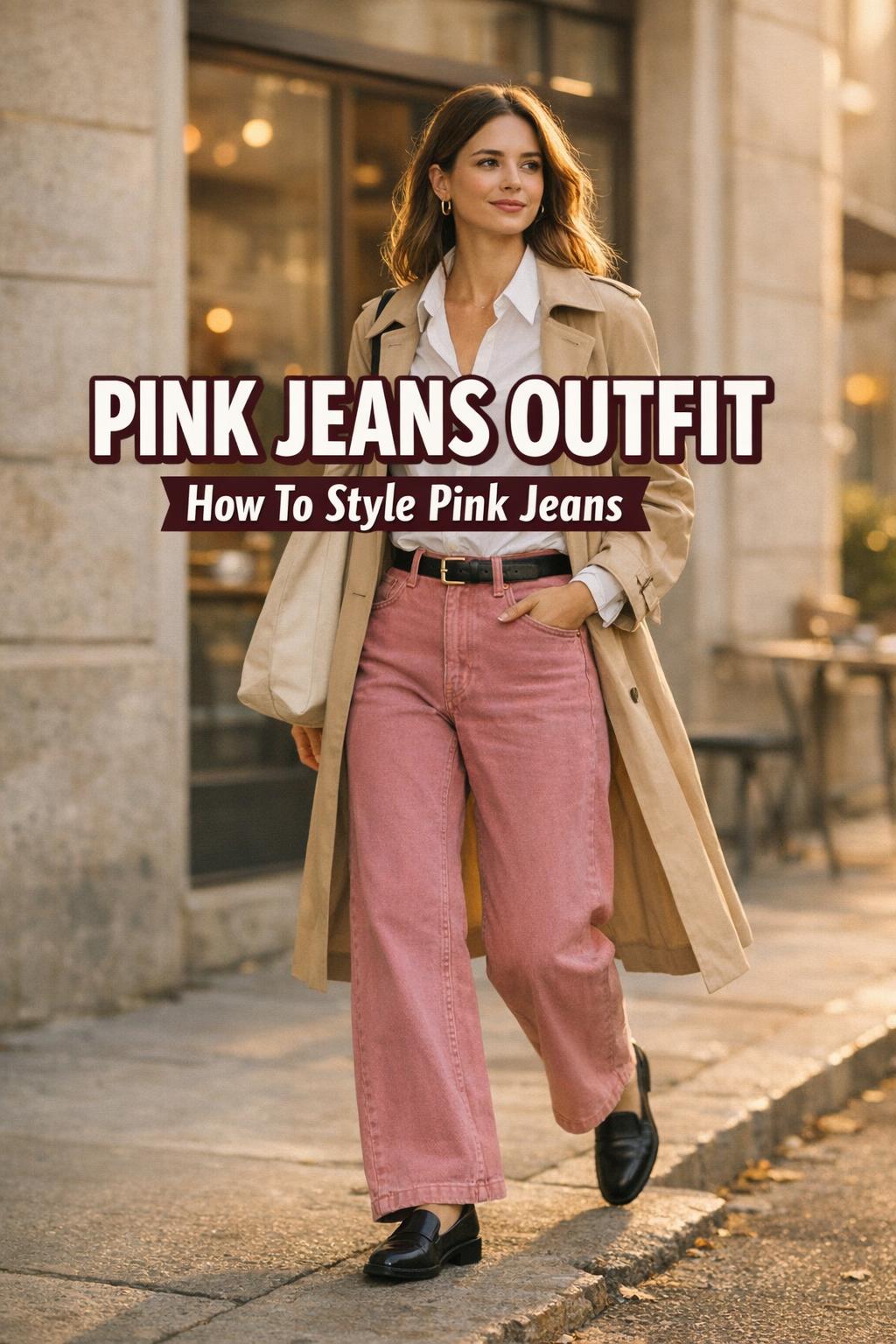 Pink jeans outfit inspiration: woman in dusty-rose wide-leg denim, white shirt and beige trench walking by a modern cafe.