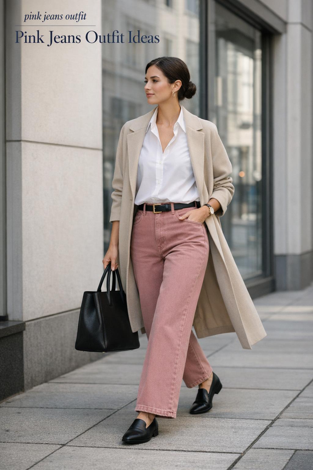 Pink jeans outfit on an editor-off-duty woman walking a minimalist city sidewalk in wide-leg dusty-rose denim and trench coat.