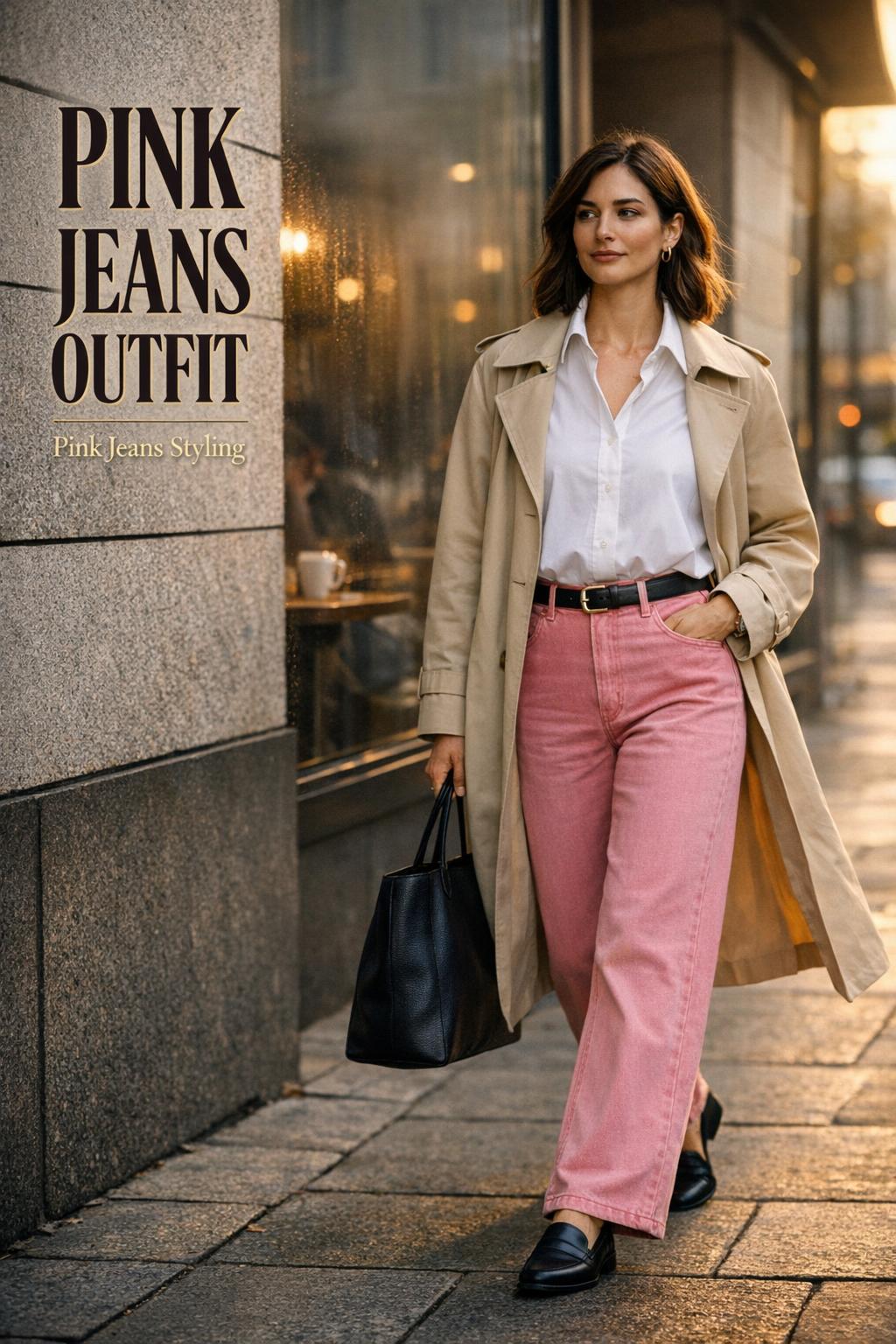 Pink jeans outfit street style: woman in wide-leg pink denim, white shirt and beige trench walking by a cafe window